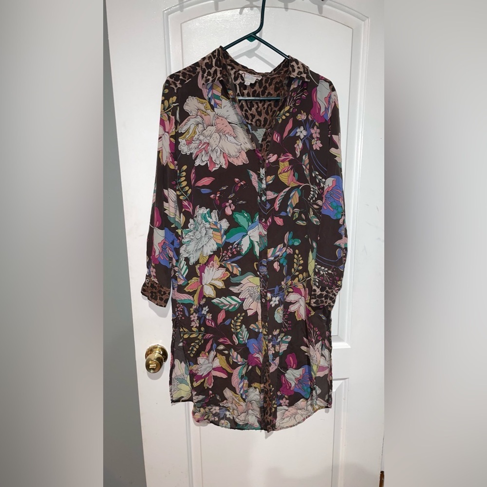 New! Johnny Was Arabella Relaxed Overshirt Tunic Leopard Floral Silk Dress ๐ค S - Picture 12 of 16